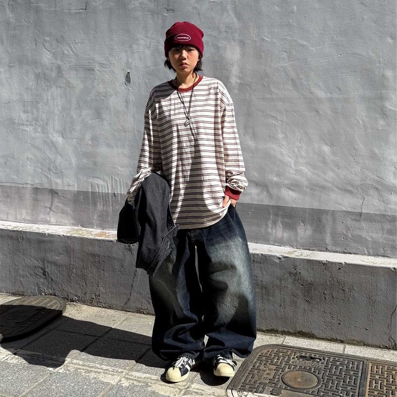 HundoP(ハンドピー)の「Oversized Vintage Color-Block Stripe Long Sleeve Tee(Tops)」