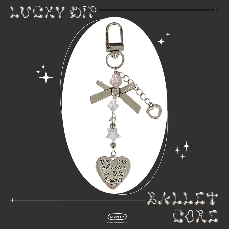 silver lettering heart ribbon key ring