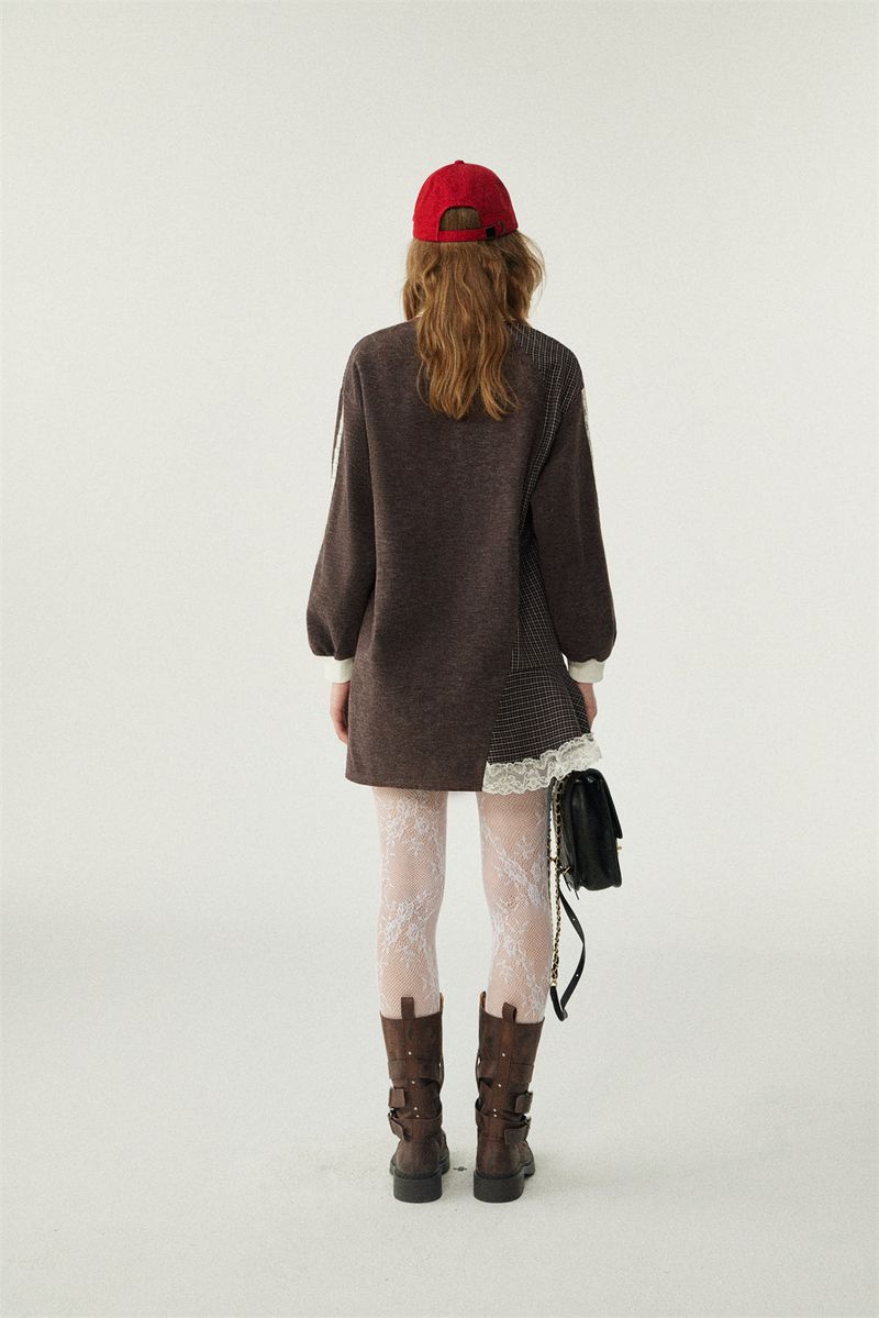 Lace Patchwork Check Sweatshirt Dress