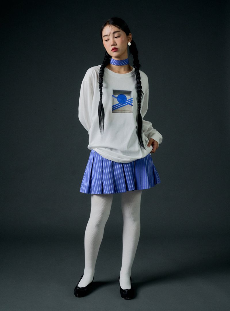 Stripe pleats skirt (blue)