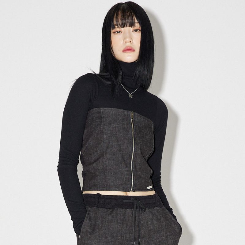 ZEROPLANET（ゼロプラネット）の「デニムニットブロックチューブトップ / Denim Knit Blocking Top [BLACK]（Tops）」