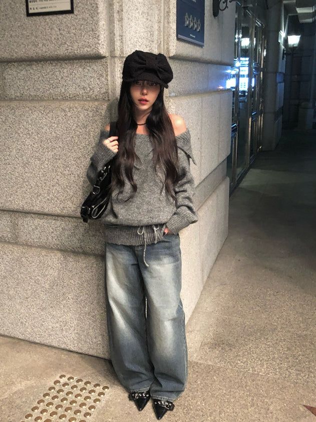 Hins Brushed Washing Denim Wide Pants