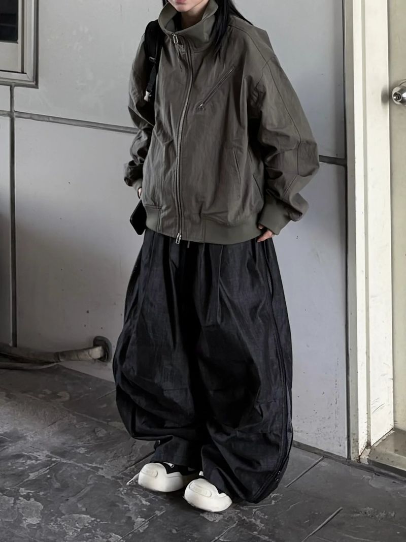 denim two-way zipper balloon pants