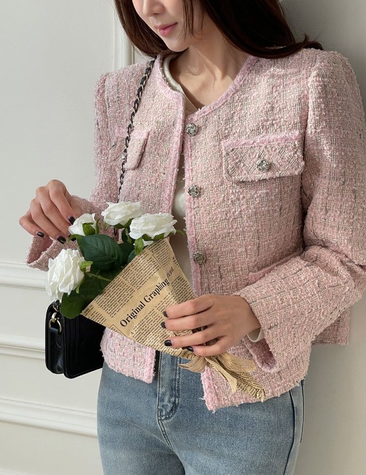 Lock color matching round pearl tweed jacket