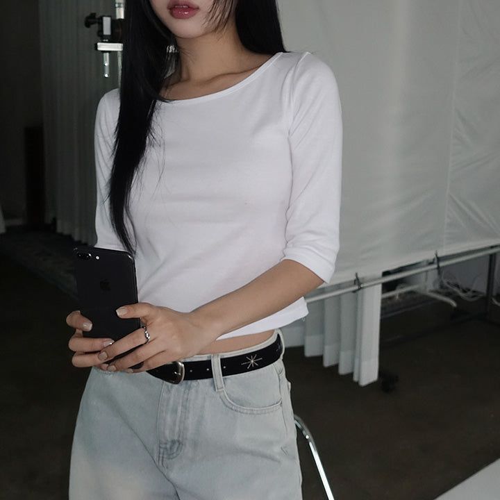  [Riabu] boat Neck Three-quarter sleeve cropped T-shirt - 4 color