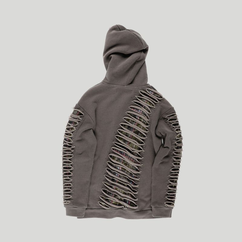SLASHED CHECK HOODIE: BROWN