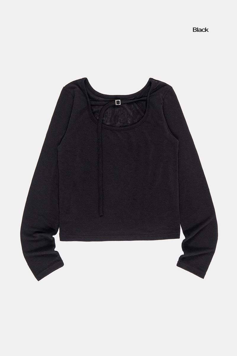 Buckle string scoop-neck long sleeve