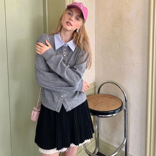 Brooklyn Silver Grey Button Craft Stripe Collar Knit Cardigan