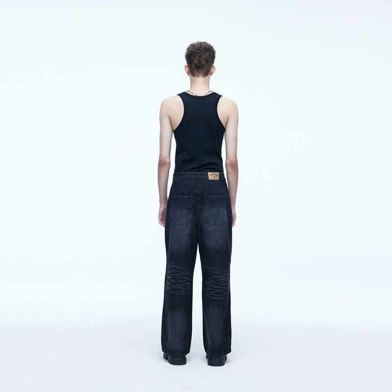 Double Knee Carpenter Wide Denim Pants Black