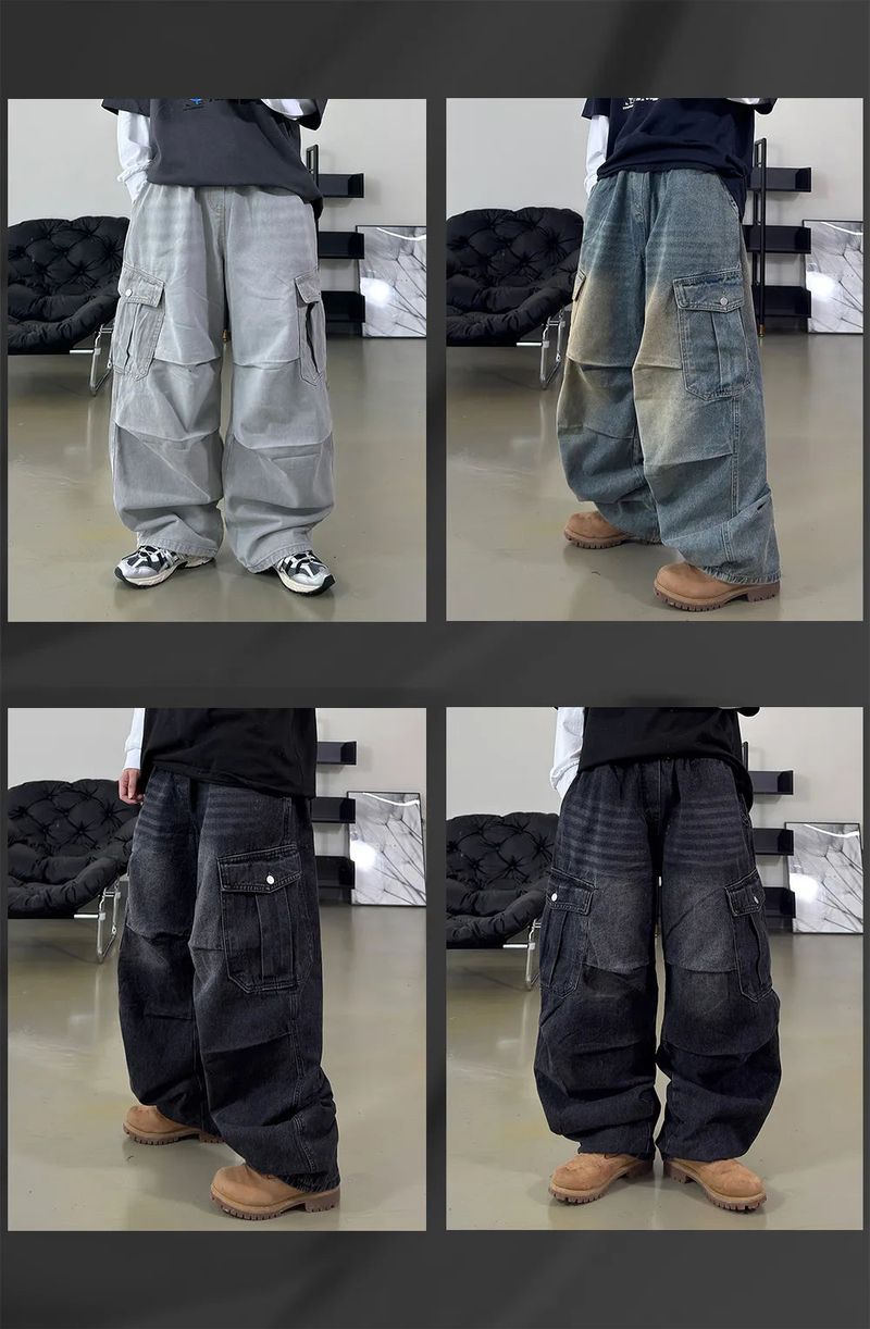 Bern diagonal cargo wide denim pants