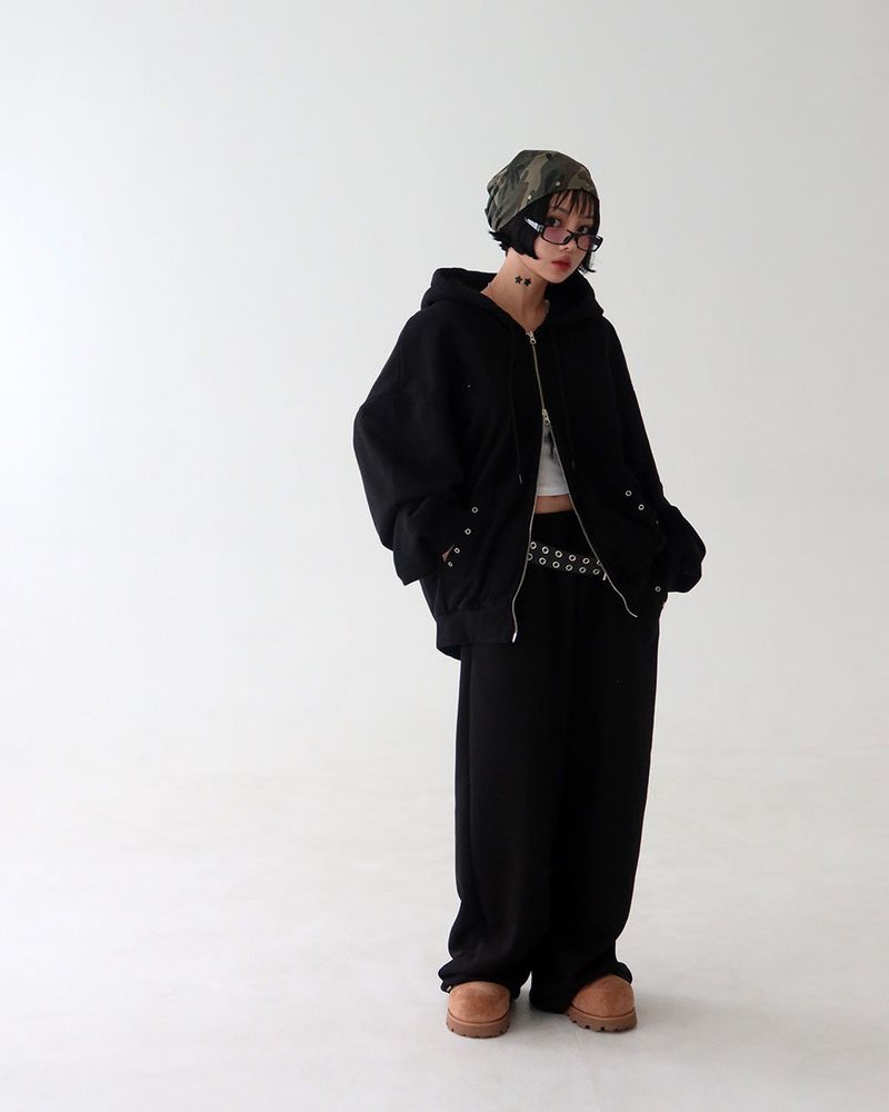 Punching Eyelet Damage Oversized-Fit Hooded Zip-Up