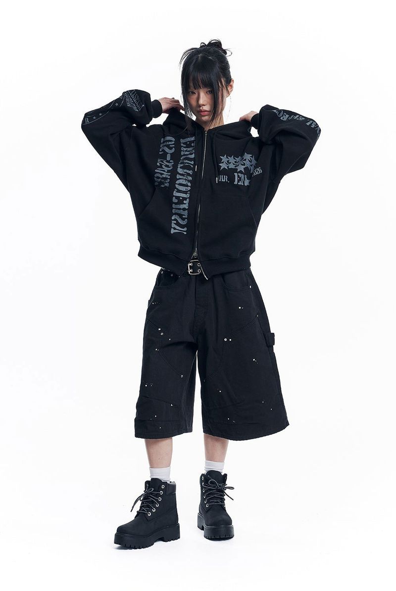Marine Crack Print Hooded Zip-Up - Black