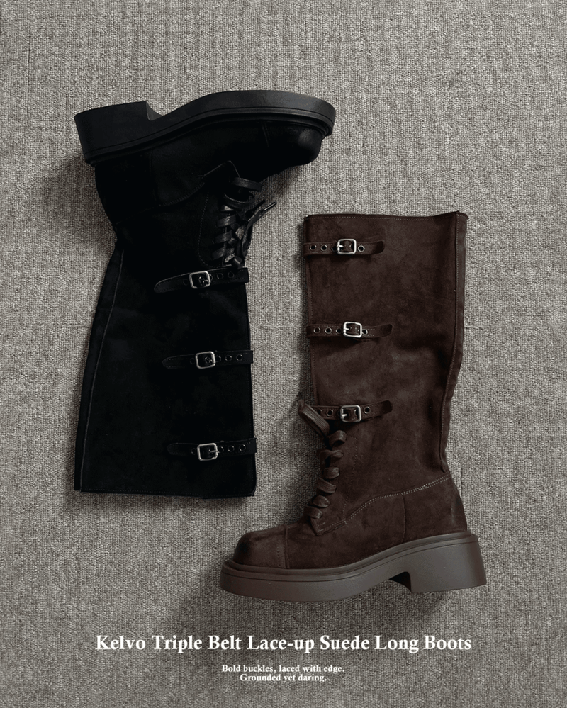 GUSTA（グスタ）の「Kelvo Triple Buckle Belt Lace-Up Suede Oversole Long Boots (2 Colors)（Shoes）」