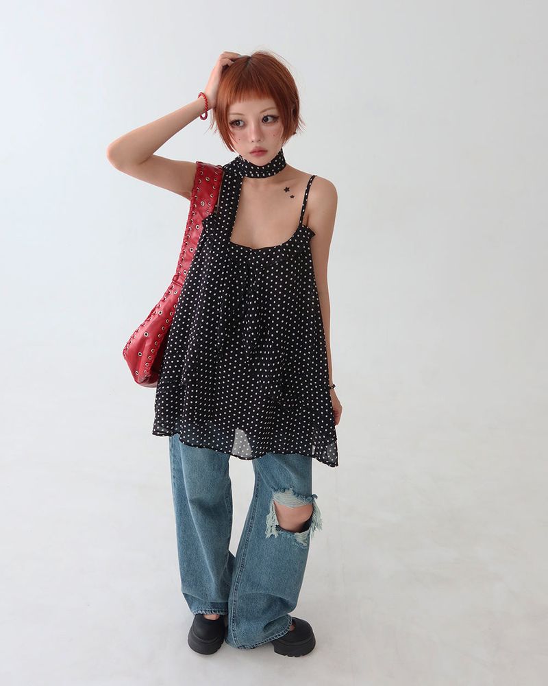 Tie set leopard print dot bustier long blouse