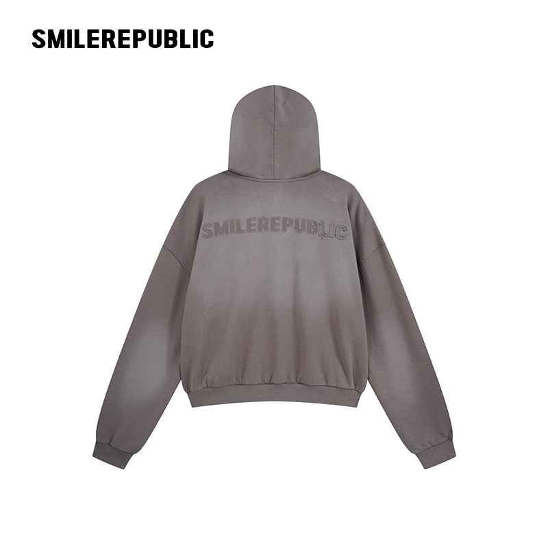 Gray Washed Cotton Distressed Full Zip Hoodie with Tonal Logo and Raw Edge Pockets