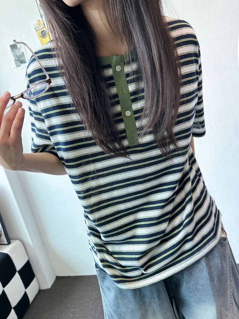 Yuria Cooling Stripe Henley Tee 3color