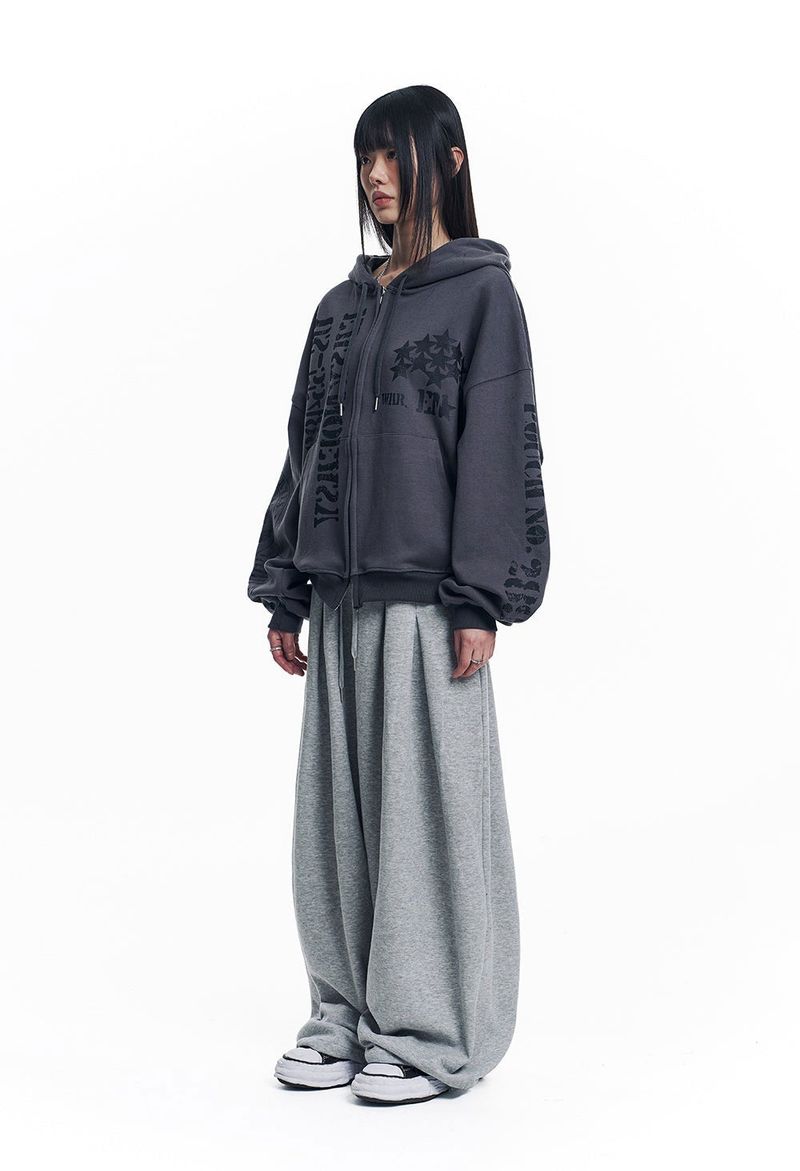 Marine Crack Print Hooded Zip-Up - Charcoal