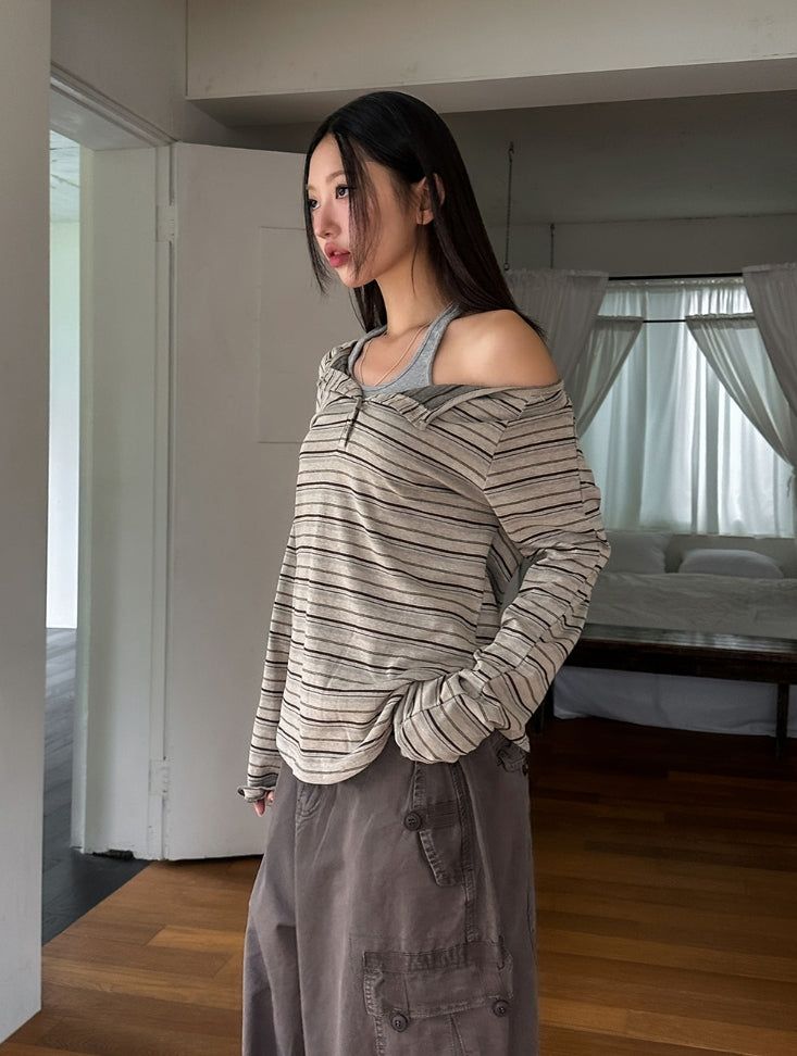 Dien Button Stripe Boat Neck Long Sleeve