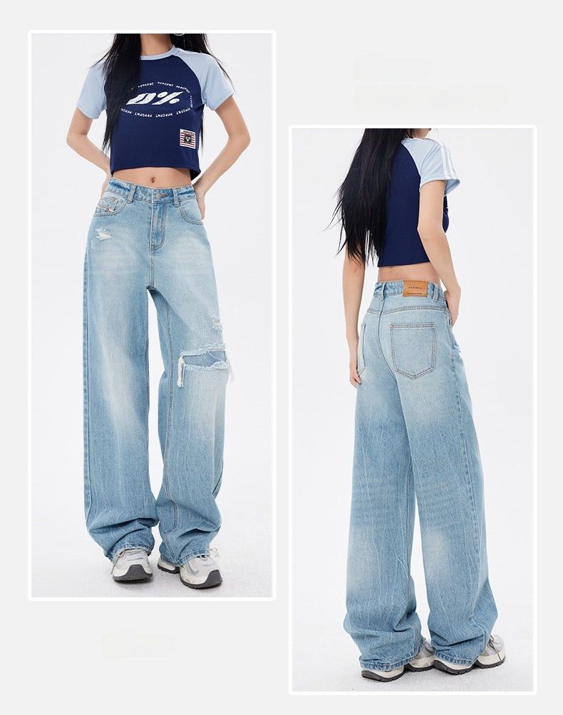 Vintage Frayed Distressed Wide Denim Pants
