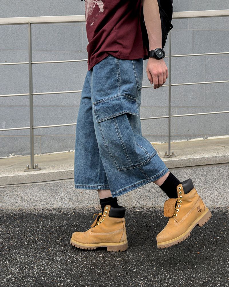 Kazen Washed Cargo Bermuda Denim Pants
