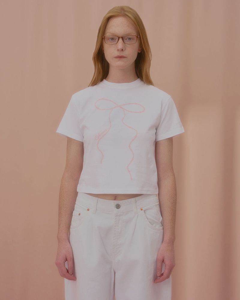 WAVE PEARL RIBBON CROP TSHIRT-WHITE