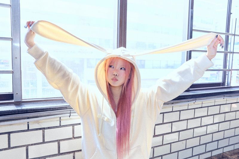 Ribbon bunny hood zip-up (soft yellow)