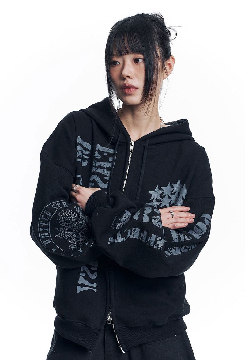 Marine Crack Print Hooded Zip-Up - Black