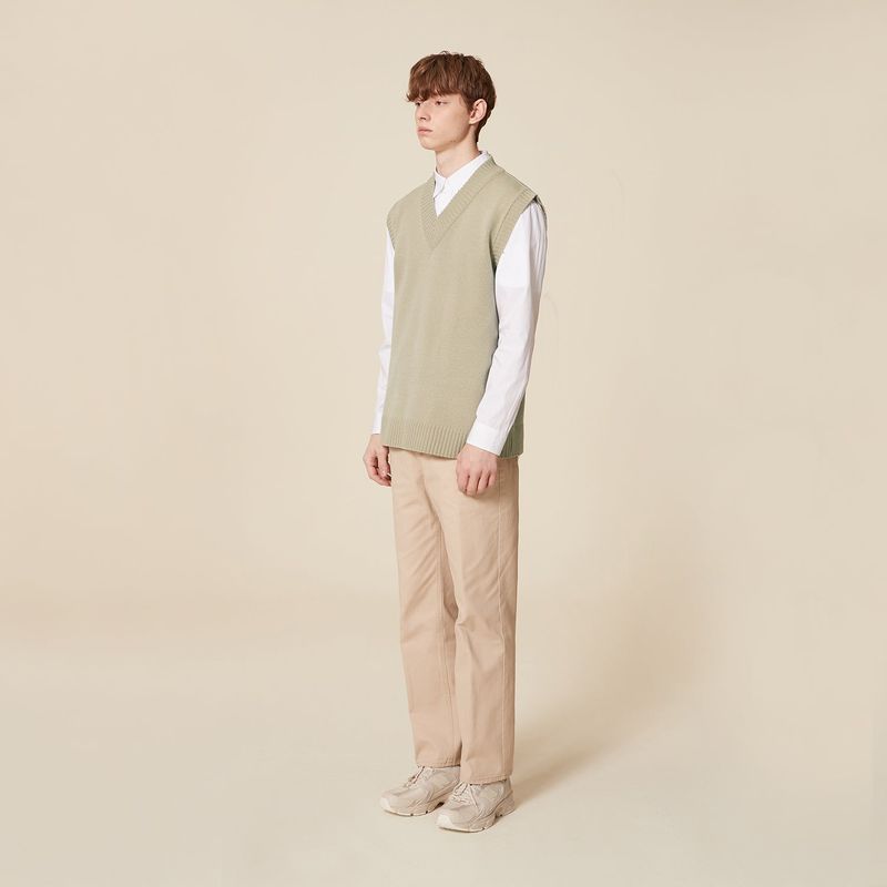 V NECK KNIT VEST_LIGHT KHAKI