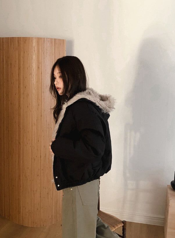 #Fur Hood Crop Zip-up Jumper (2color)