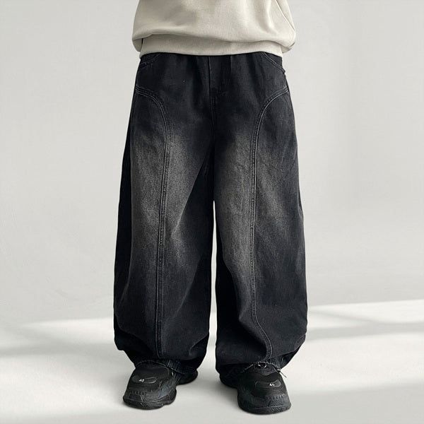 Dart Waistband Pintuck Curve Denim Wide Pants (2 colors)