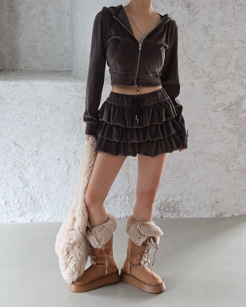 Velvet Cropped Hooded Zip-Up