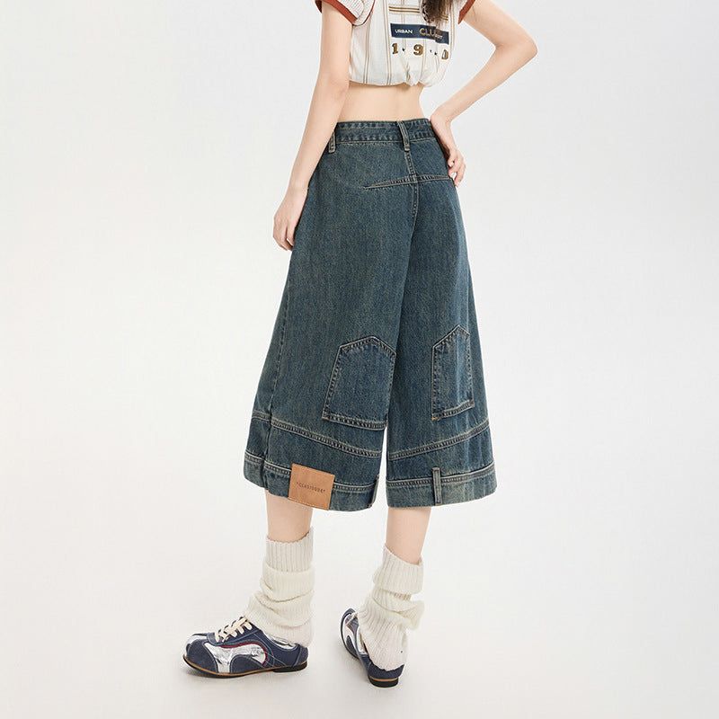 Reversed Detail Wide Denim Bermuda Pants