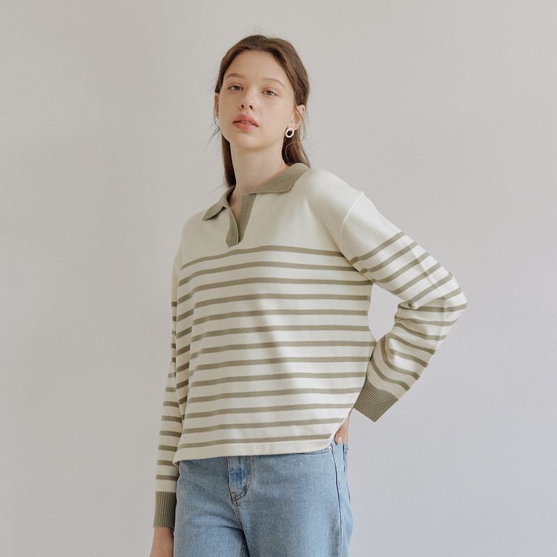 ストライプカラーニット / STRIPE COLLAR KNIT_OLIVE