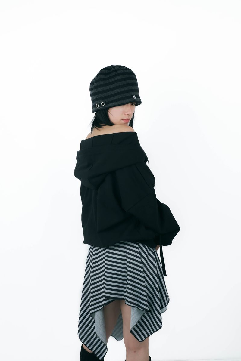 offshoulder ribbon hoodie(black)