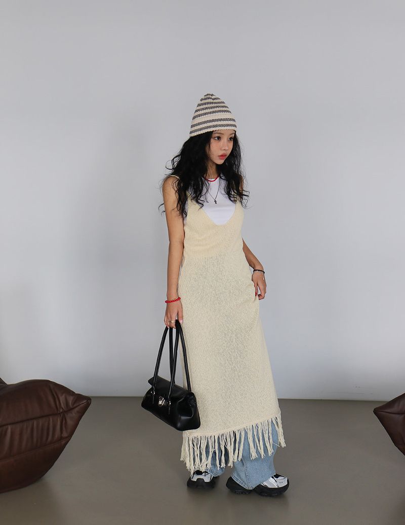 knit fringe bustier long dress