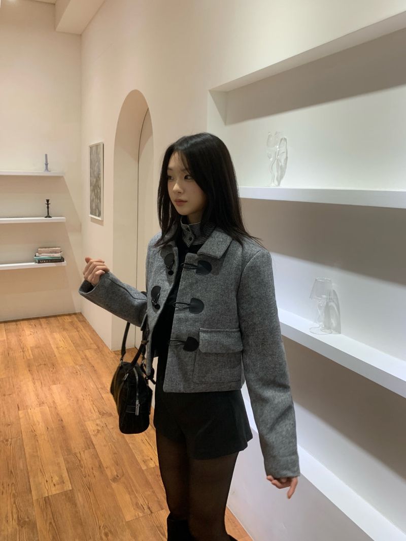 British Gray Duffel Button Quilted Crop Coat