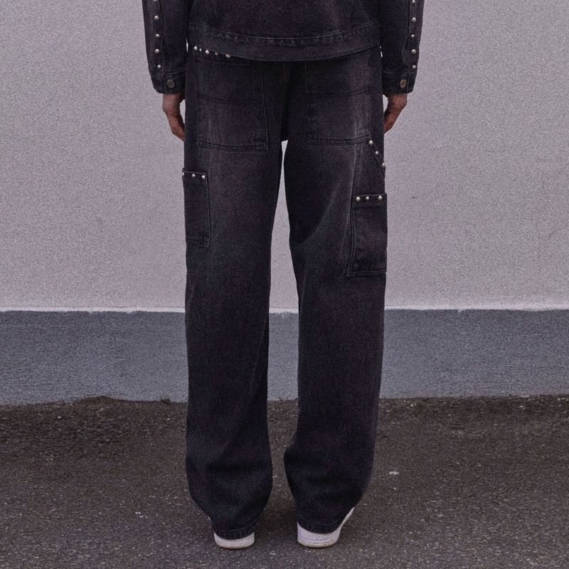 STUD STRAIGHT FIT CARPENTER DENIM PANTS_BLACK