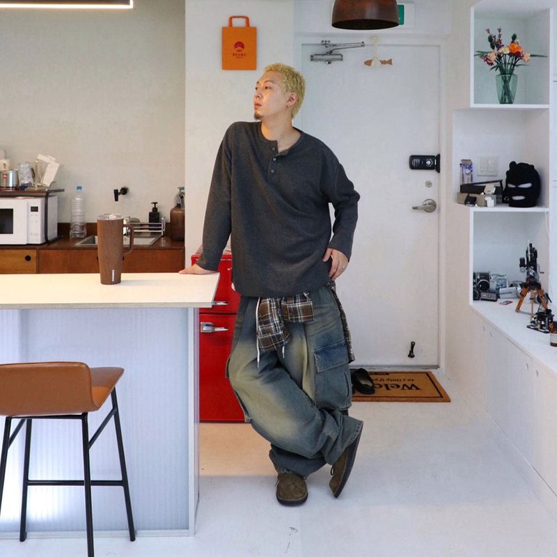 HundoP(ハンドピー)の「Over Waffle Henley Neck Long Sleeve Tee(Tops)」