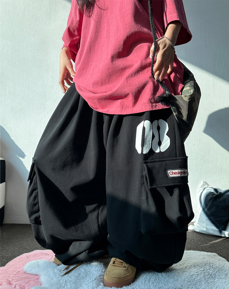 NUMBERING PATCH SWEAT BALLOON LOOSE WIDE CARGO PANTS 🩵🩶🖤 - 3 COLORS