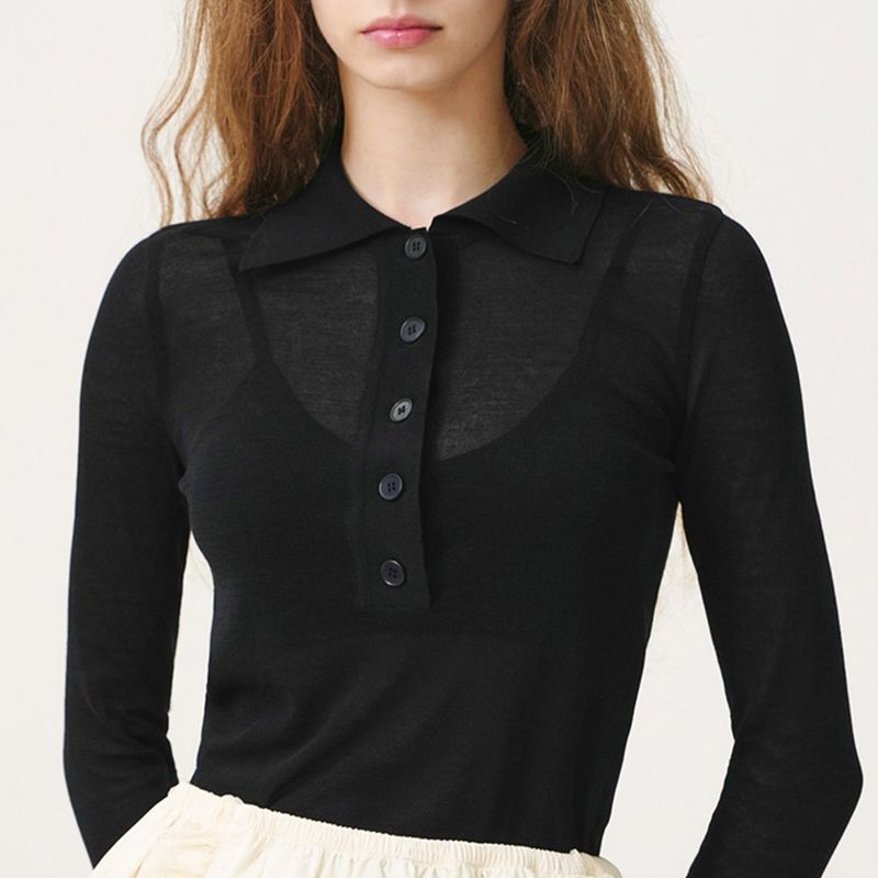 SHEER LONG SLEEVED POLO - BLACK