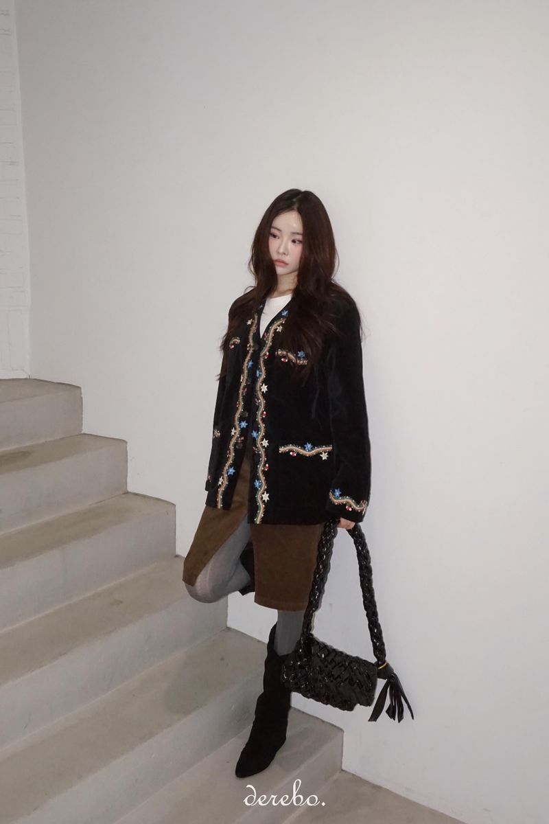 French velvet embroidered no collar jacket