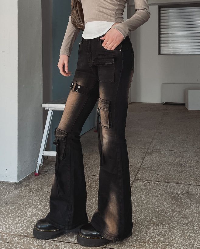 Boldy Eyelet Belted Bootcut Denim Pants