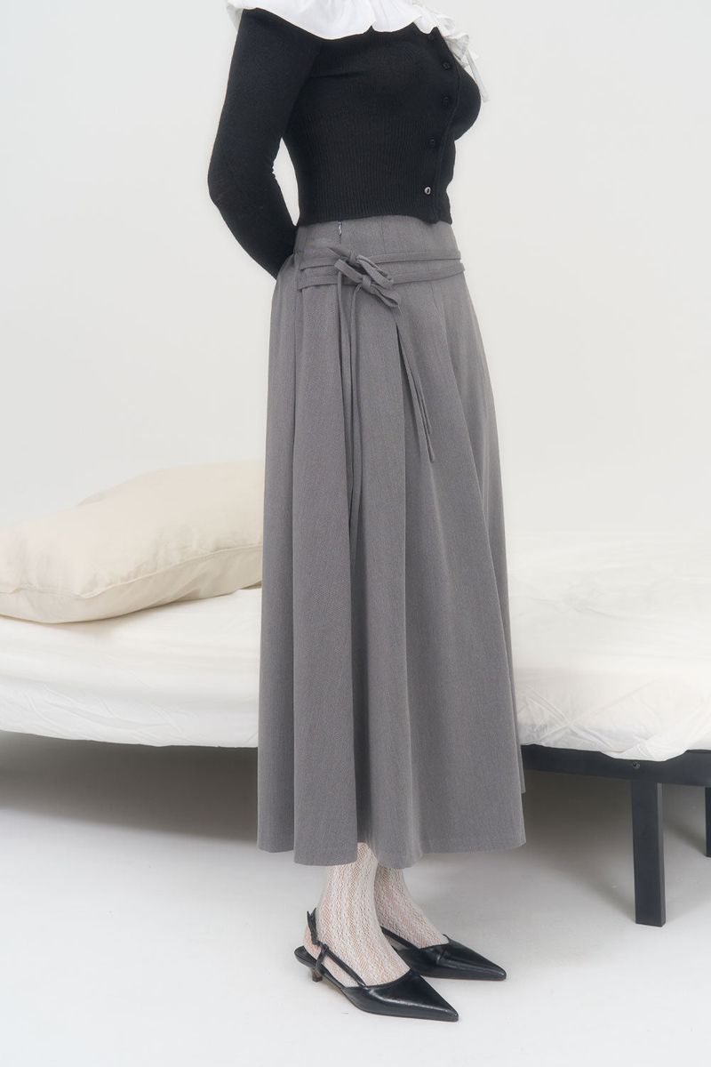 RIBBON FLARE LONG SKIRT (GRAY)