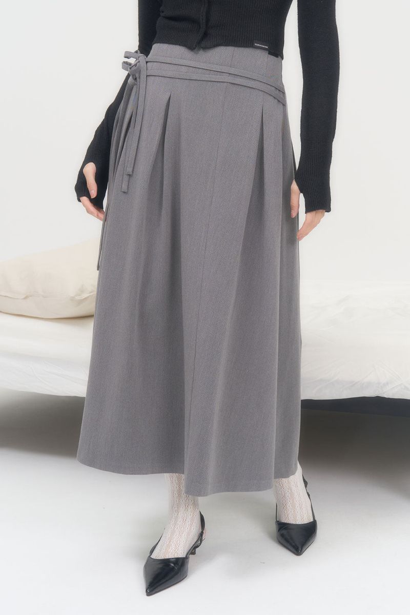 RIBBON FLARE LONG SKIRT (GRAY)