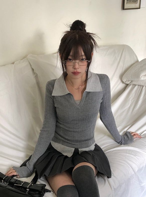 anyonemore（エニーワンモアー）の「Elti Collar Color Matching Slim Ribbed Knit（Tops）」