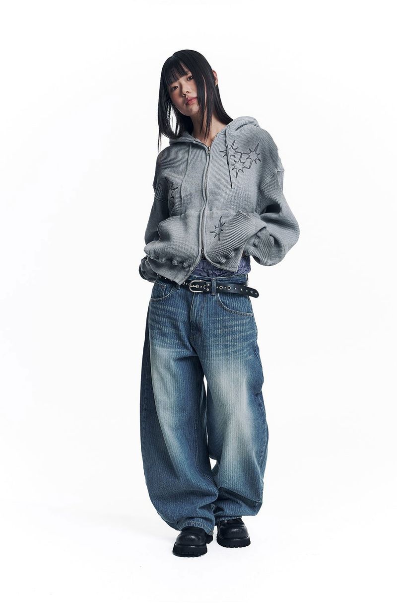 Stripe Lettering Denim Pants - Medium Blue