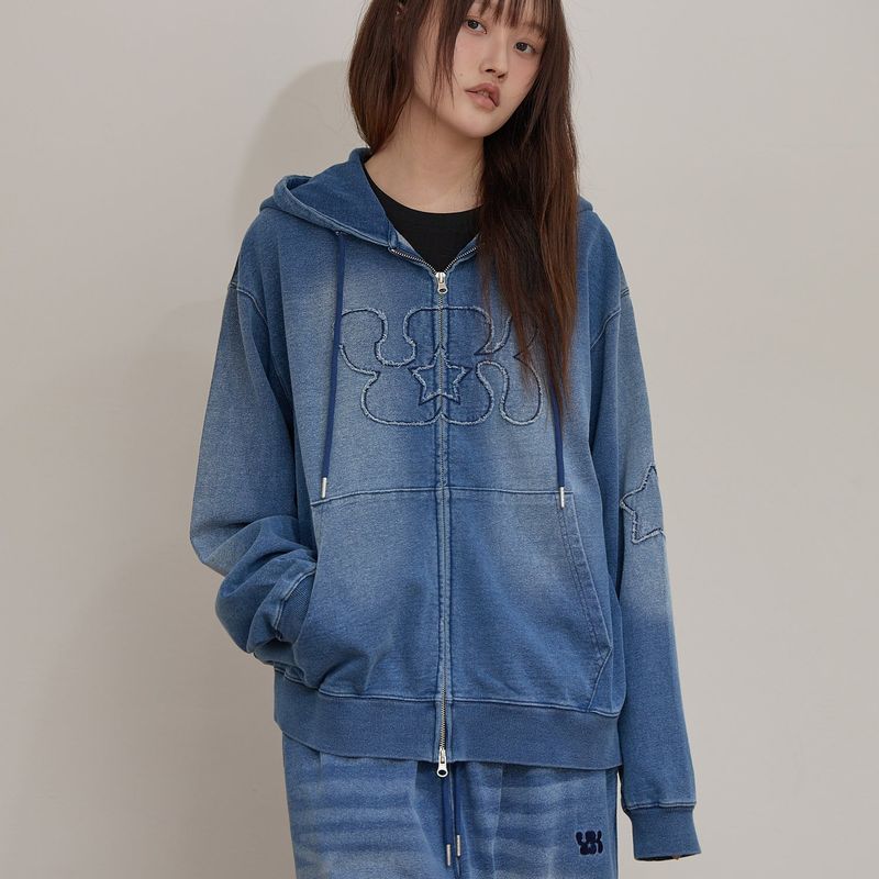 YK Applique Denim Hood Zip Up
