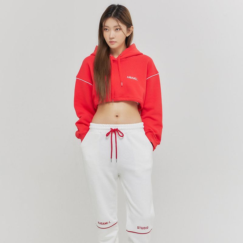 Oversize Line Point Crop Hoodie Red