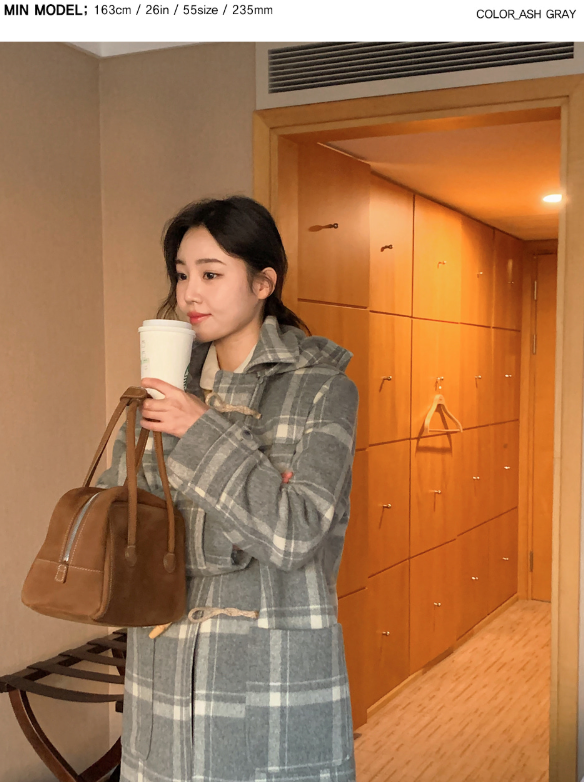 [SHOPPERMADE] Ash Gray Check Wool Long Duffle Coat