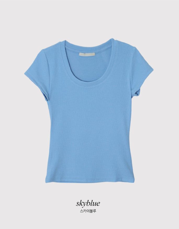 Basic Slim Rib U-neck Short Sleeve T-shirt (5color)